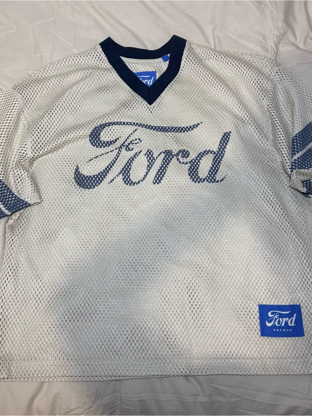 PacSun White Mesh Jersey with Navy Script Logo
